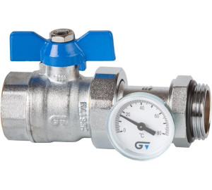 Kit válvula de esfera, maneta azul + conector con termómetro 1"